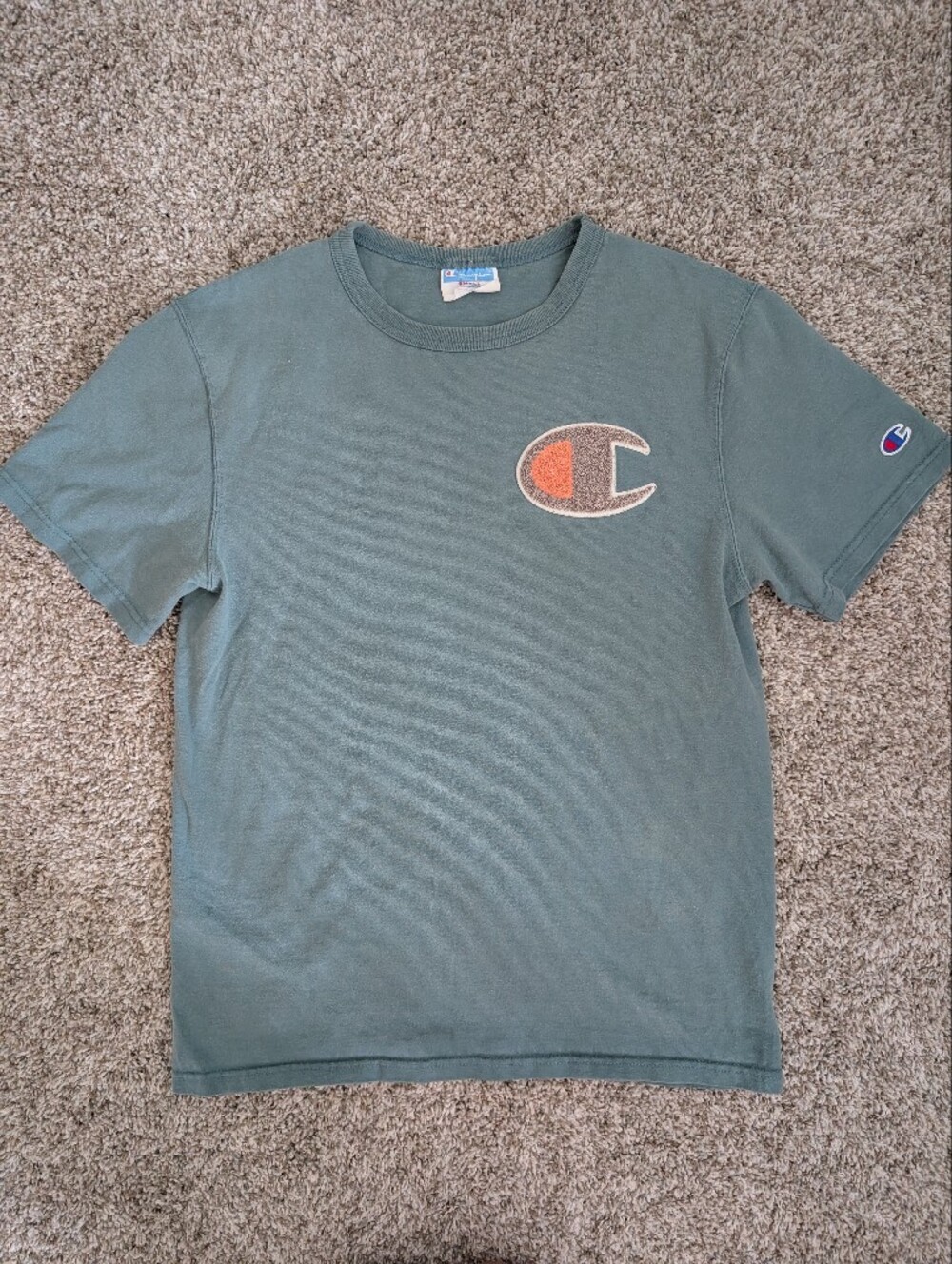 Vtg‎ 90s Champion Short Sleeve Logo Tee - Teal with Orange Pop Out Logo Sz M